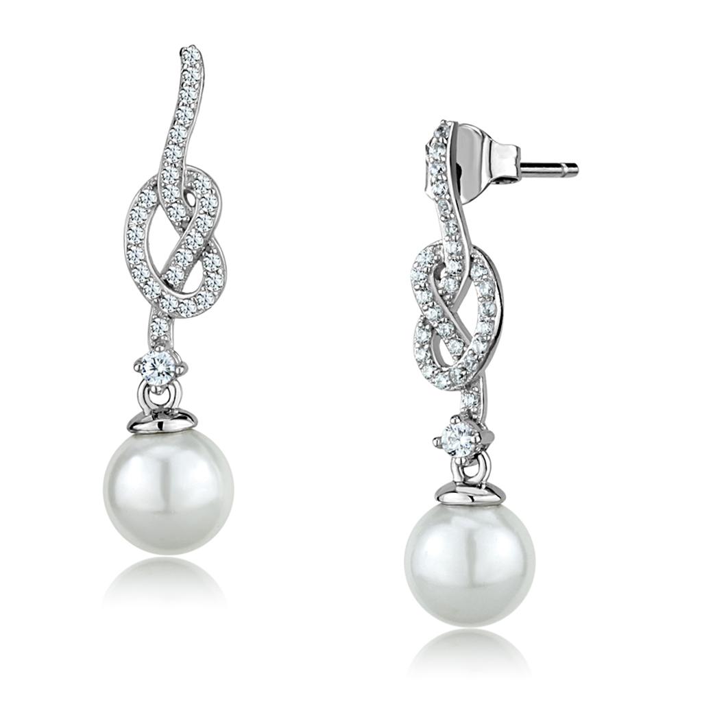 TS506 - Rhodium 925 Sterling Silver Earrings with Synthetic Glass Bead in White