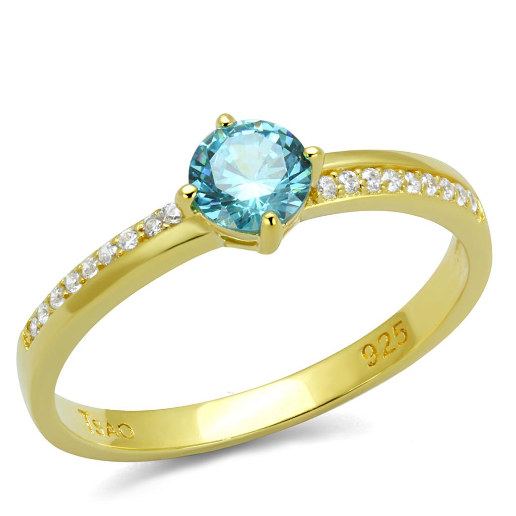 TS561 - Gold 925 Sterling Silver Ring with AAA Grade CZ  in Sea Blue