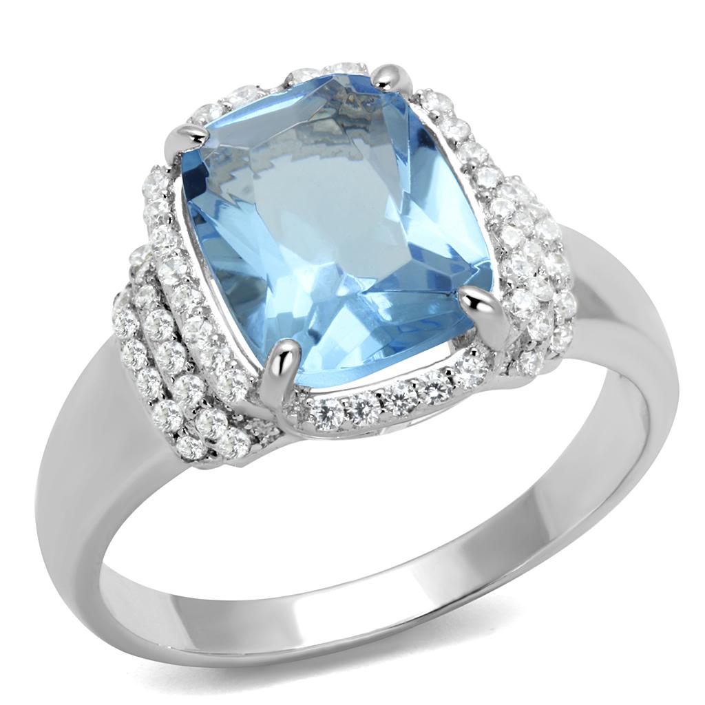 TS562 - Rhodium 925 Sterling Silver Ring with Synthetic Synthetic Glass in Light Sapphire