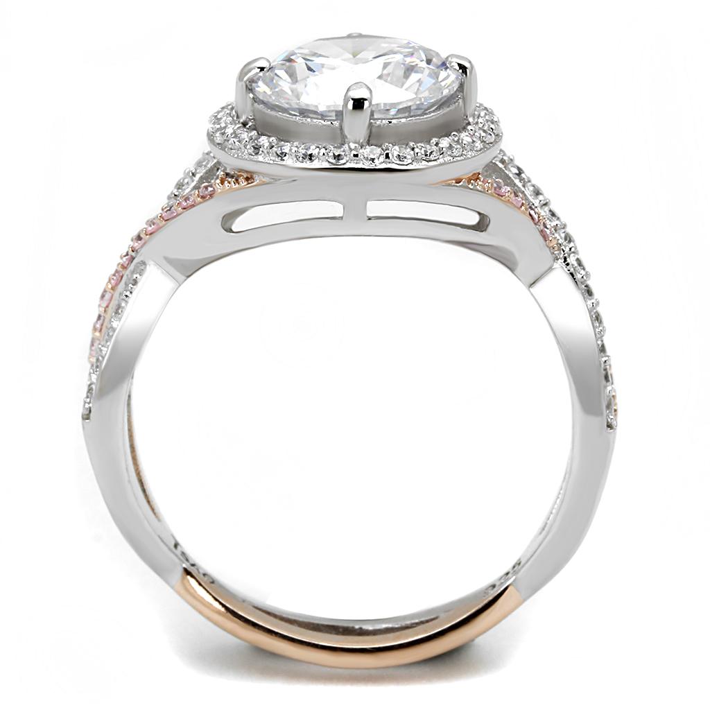 TS585 - Rose Gold + Rhodium 925 Sterling Silver Ring with AAA Grade CZ  in Clear