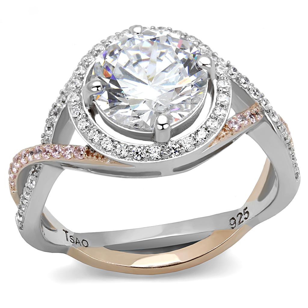 TS585 - Rose Gold + Rhodium 925 Sterling Silver Ring with AAA Grade CZ  in Clear