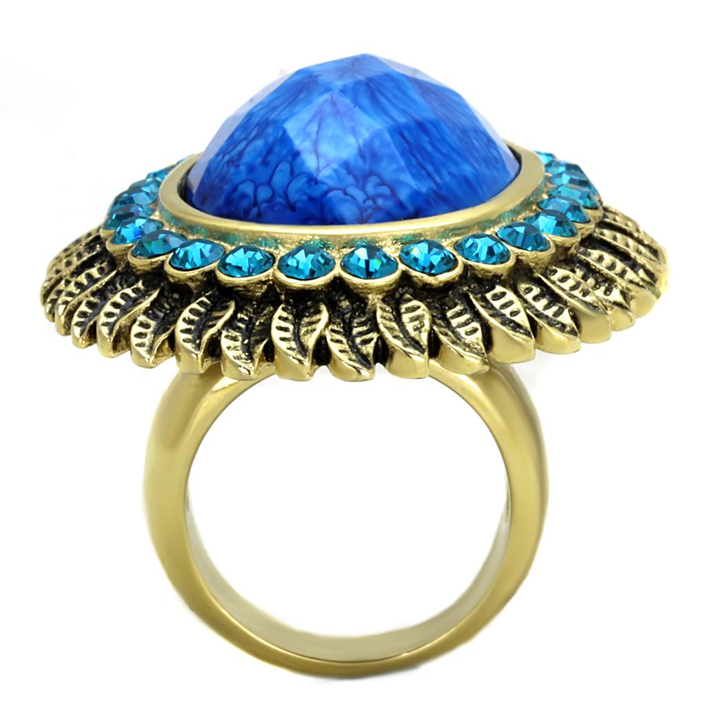 VL121 - IP Gold(Ion Plating) Stainless Steel Ring with Synthetic Synthetic Stone in Sea Blue