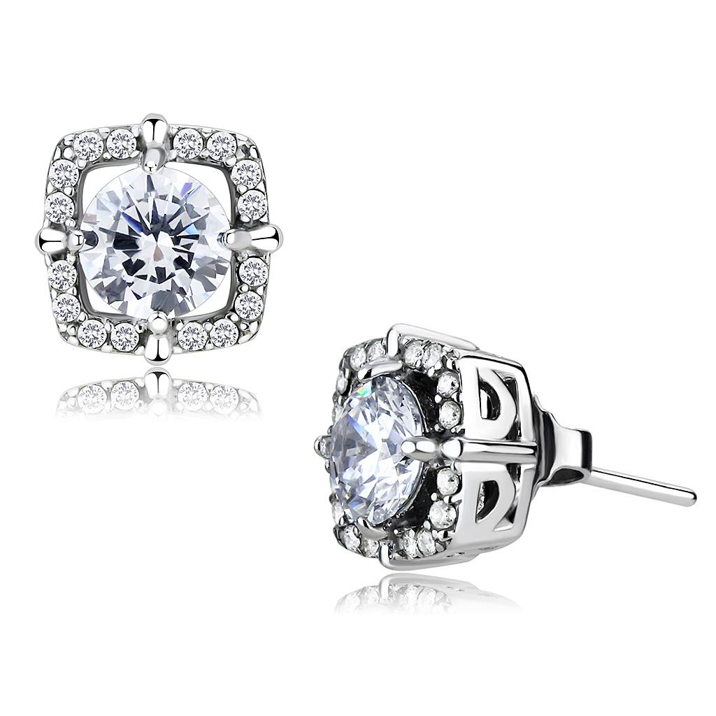 DA070 - High polished (no plating) Stainless Steel Earrings with AAA Grade CZ  in Clear