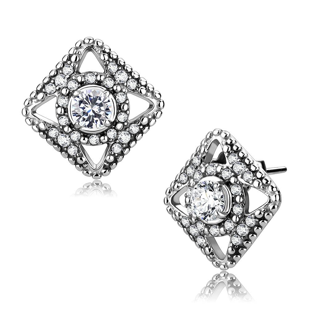 DA072 - High polished (no plating) Stainless Steel Earrings with AAA Grade CZ  in Clear