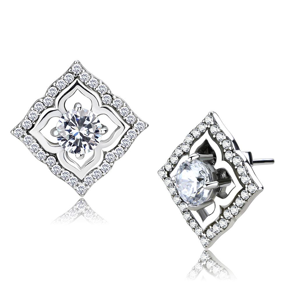 DA073 - High polished (no plating) Stainless Steel Earrings with AAA Grade CZ  in Clear