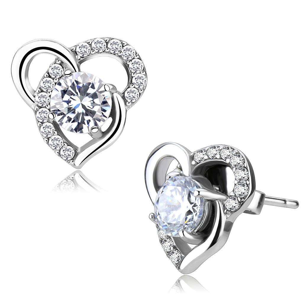 DA078 - High polished (no plating) Stainless Steel Earrings with AAA Grade CZ  in Clear