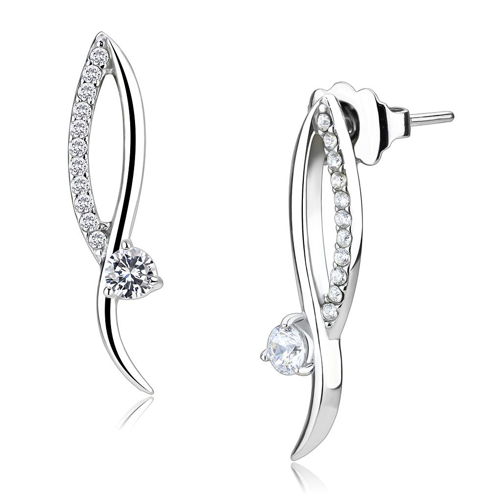 DA080 - High polished (no plating) Stainless Steel Earrings with AAA Grade CZ  in Clear