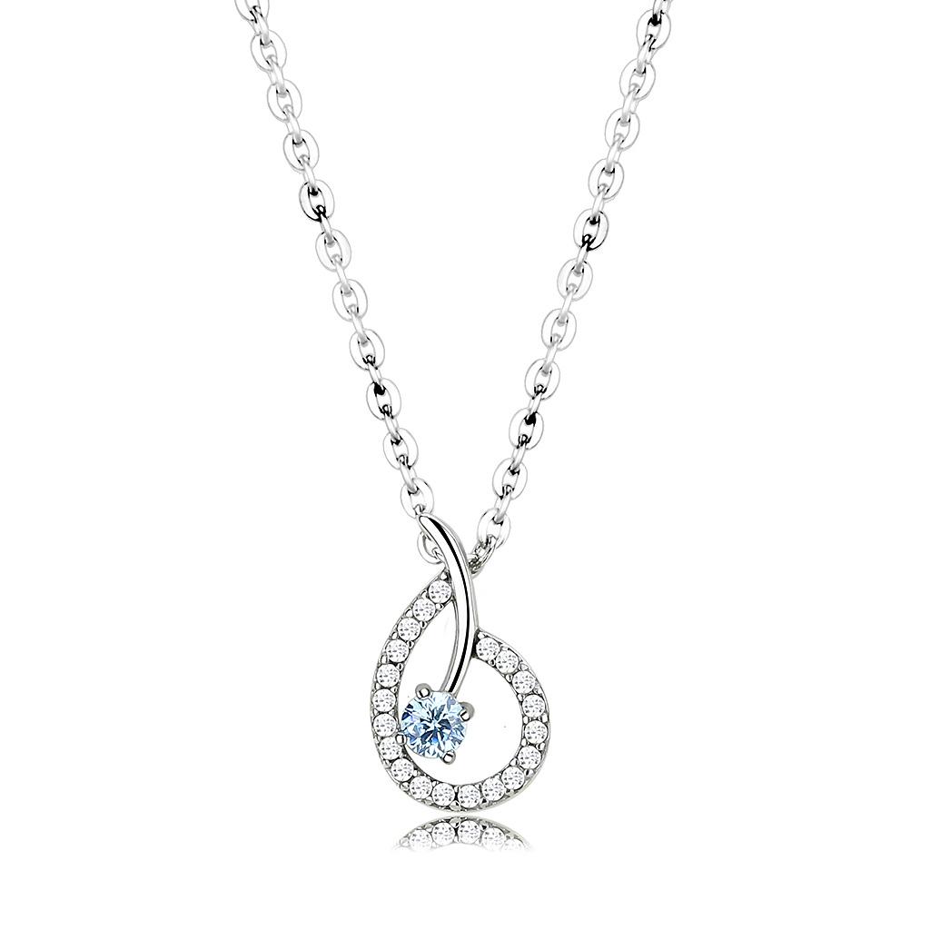 DA090 - High polished (no plating) Stainless Steel Chain Pendant with AAA Grade CZ  in Sea Blue