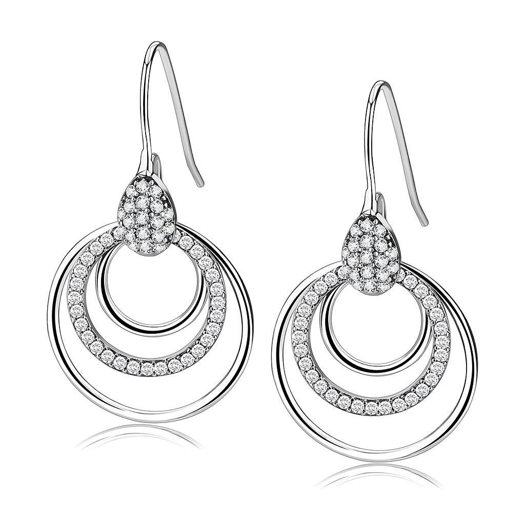 DA099 - High polished (no plating) Stainless Steel Earrings with AAA Grade CZ  in Clear