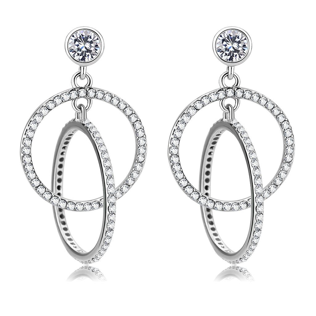 DA100 - High polished (no plating) Stainless Steel Earrings with AAA Grade CZ  in Clear