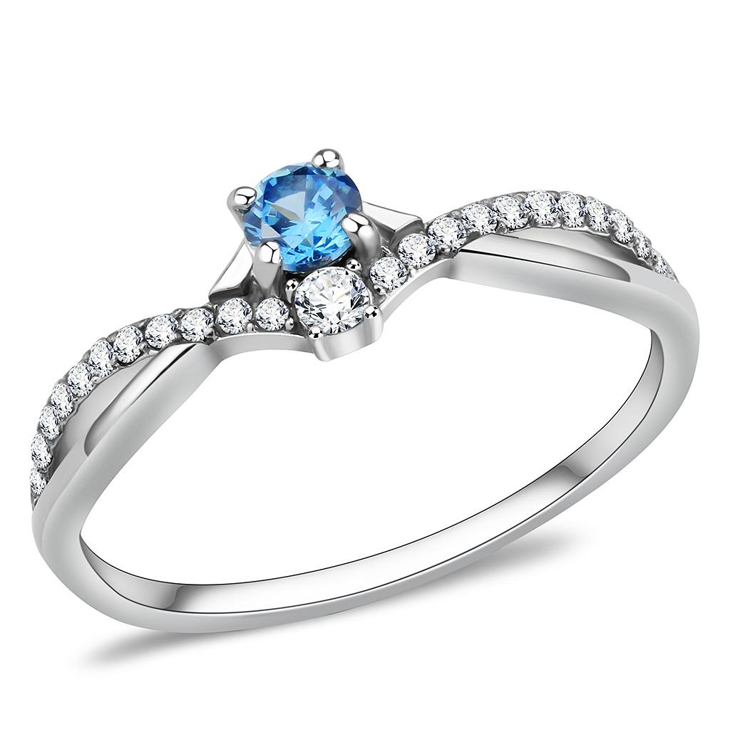 DA120 - High polished (no plating) Stainless Steel Ring with AAA Grade CZ  in Sea Blue