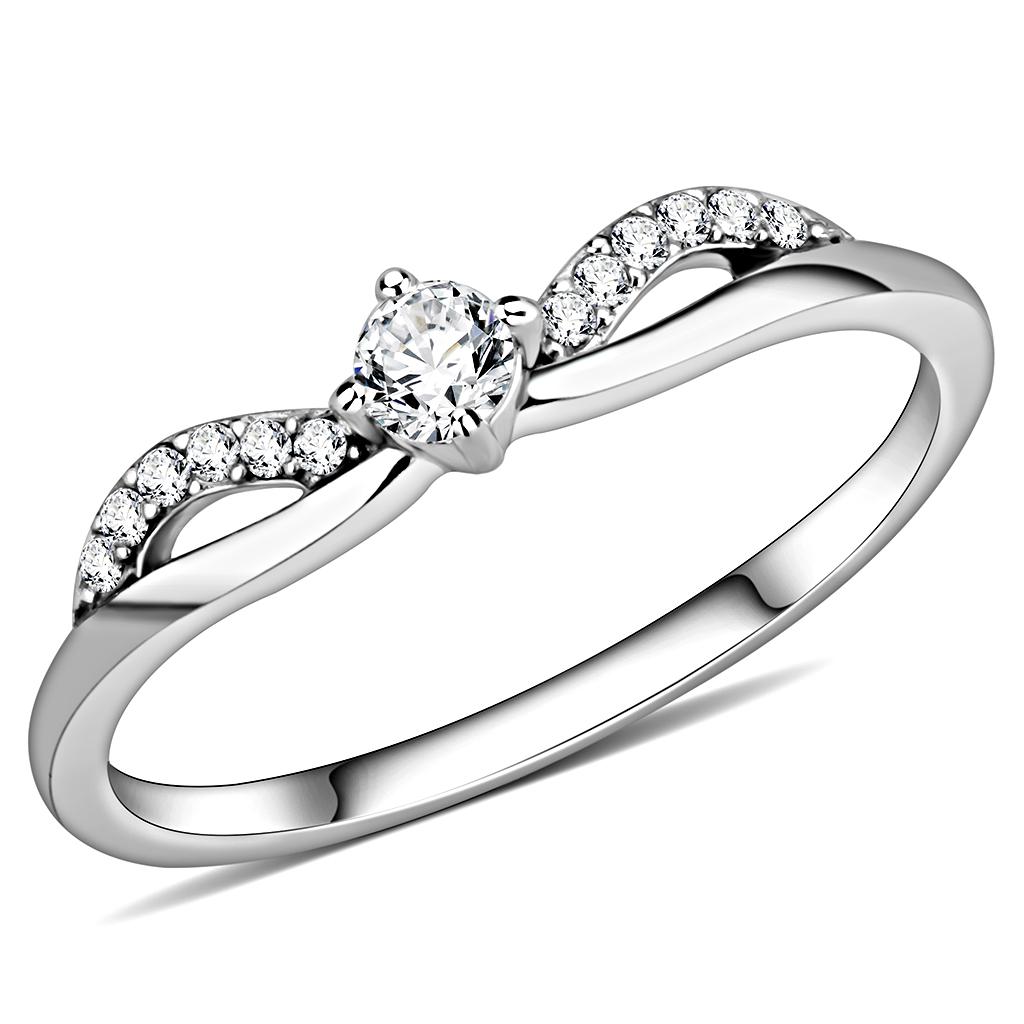 DA146 - High polished (no plating) Stainless Steel Ring with AAA Grade CZ  in Clear