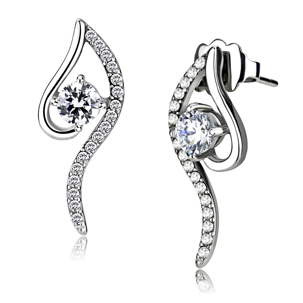 DA177 - High polished (no plating) Stainless Steel Earrings with AAA Grade CZ  in Clear