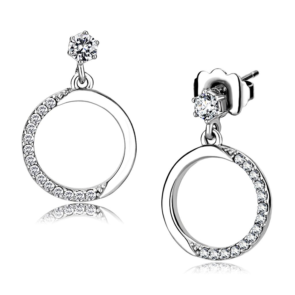 DA180 - High polished (no plating) Stainless Steel Earrings with AAA Grade CZ  in Clear