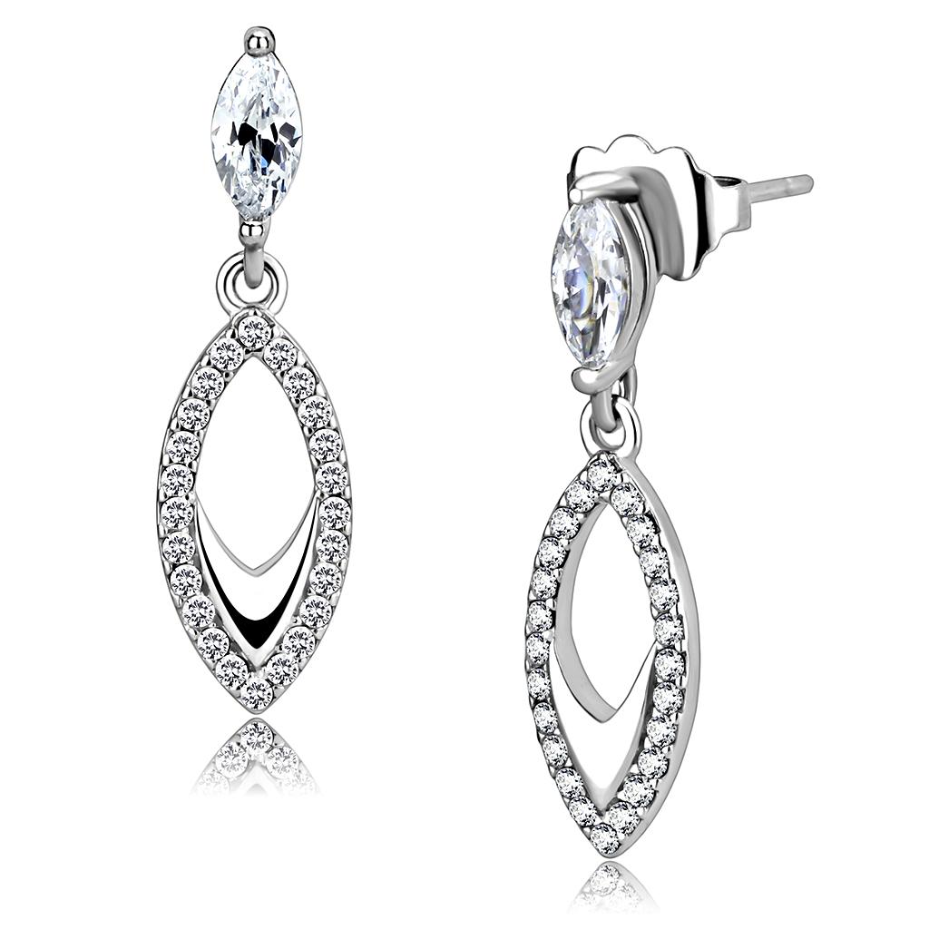 DA189 - High polished (no plating) Stainless Steel Earrings with AAA Grade CZ  in Clear