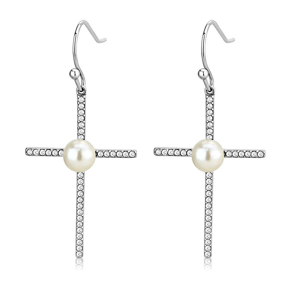 DA192 - High polished (no plating) Stainless Steel Earrings with Synthetic Pearl in White