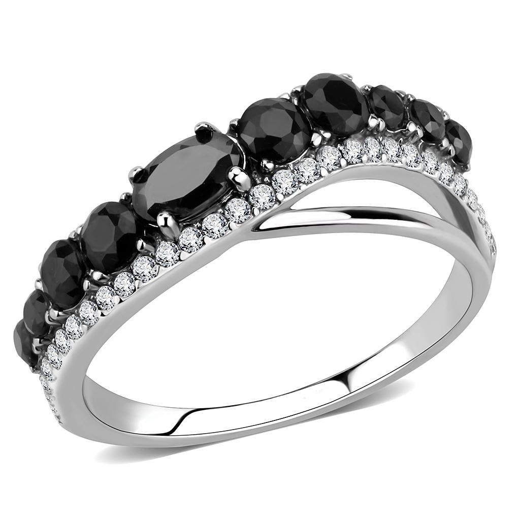 DA269 - High polished (no plating) Stainless Steel Ring with AAA Grade CZ  in Black Diamond