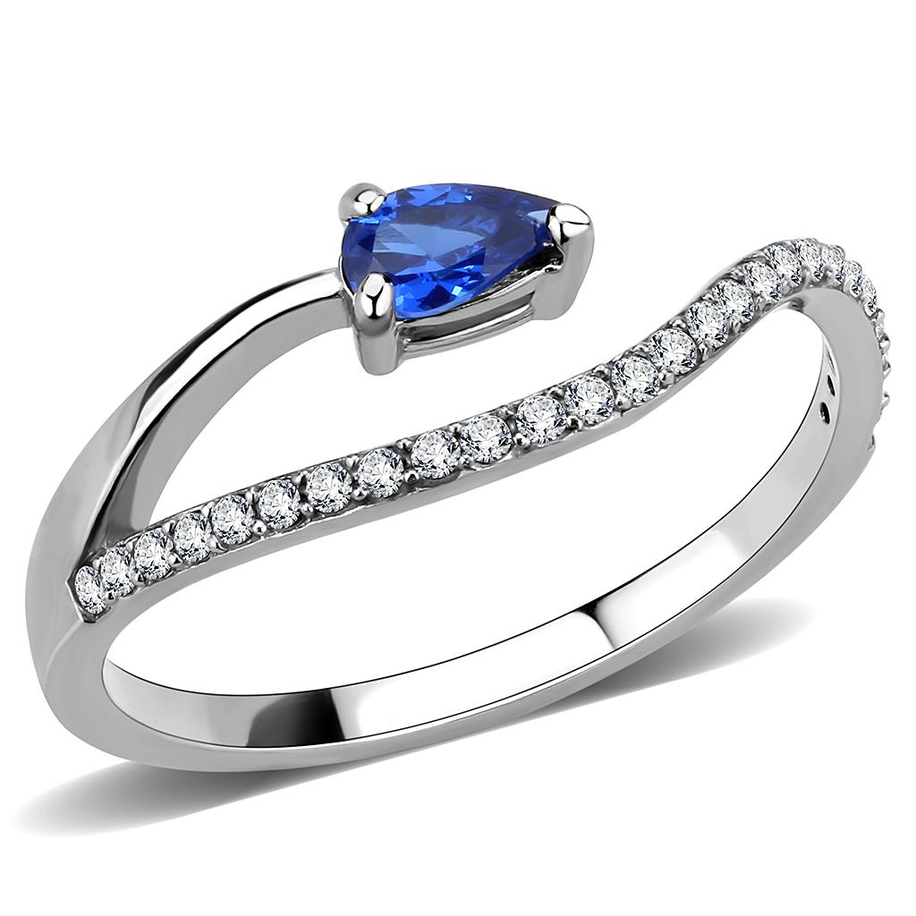 DA273 - High polished (no plating) Stainless Steel Ring with Synthetic Spinel in London Blue