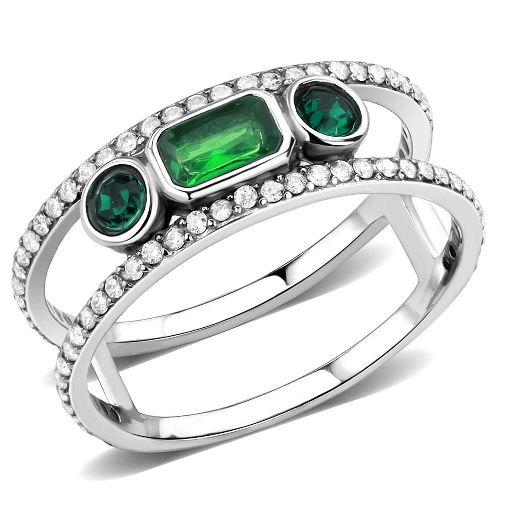 DA348 - High polished (no plating) Stainless Steel Ring with Synthetic Synthetic Glass in Emerald