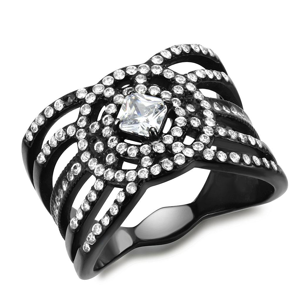 DA363 - IP Black(Ion Plating) Stainless Steel Ring with AAA Grade CZ  in Clear