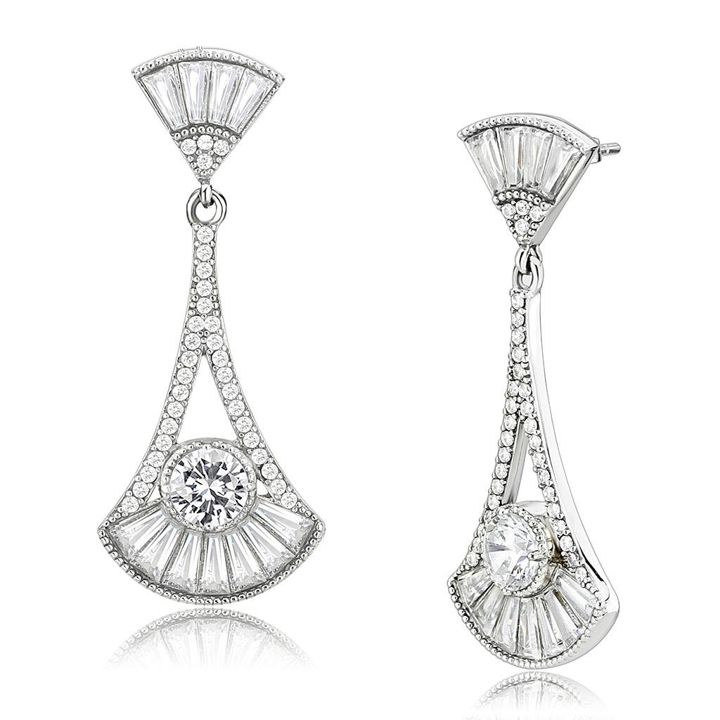 DA373 - High polished (no plating) Stainless Steel Earrings with AAA Grade CZ  in Clear