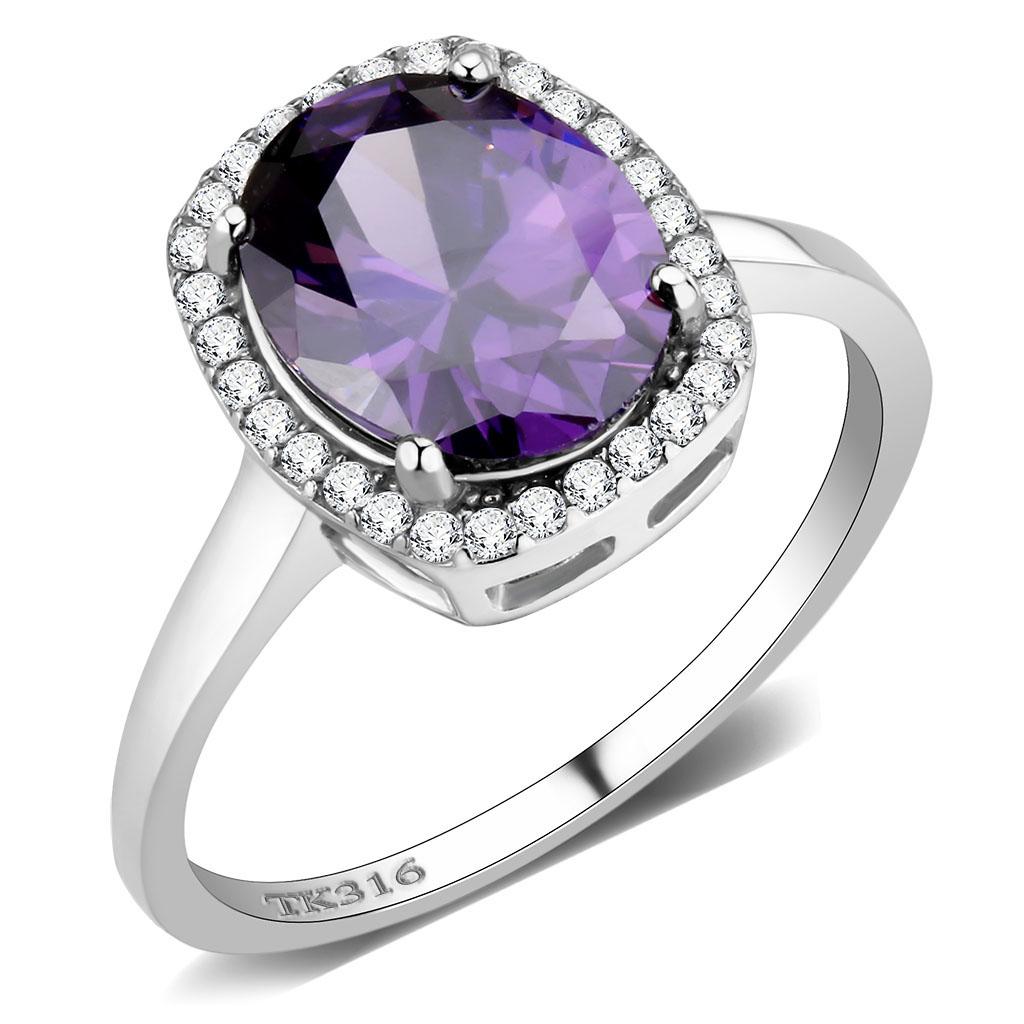 DA385 - High polished (no plating) Stainless Steel Ring with AAA Grade CZ  in Amethyst