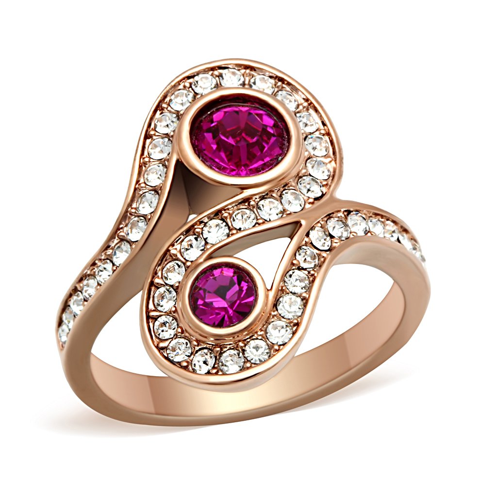 GL153 - IP Rose Gold(Ion Plating) Brass Ring with Top Grade Crystal  in Fuchsia