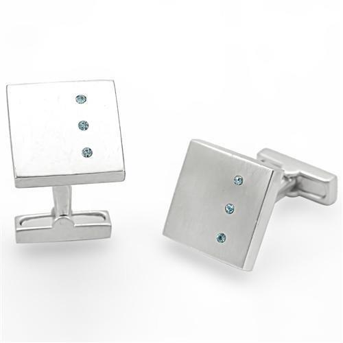 LO1382 - Rhodium Brass Cufflink with Top Grade Crystal  in Sea Blue