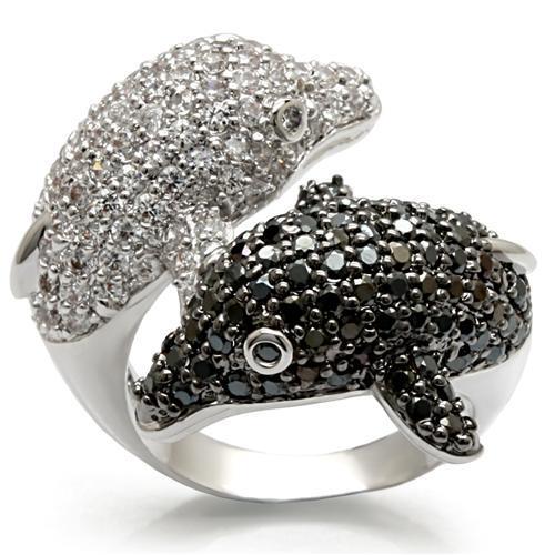 LO1481 - Rhodium + Ruthenium Brass Ring with AAA Grade CZ  in Black Diamond