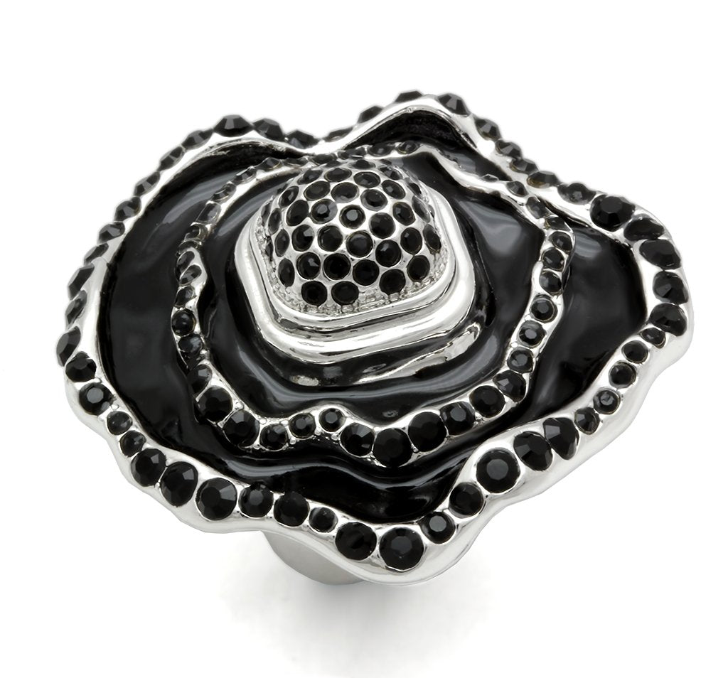 LO2157 - Rhodium Brass Ring with Top Grade Crystal  in Jet