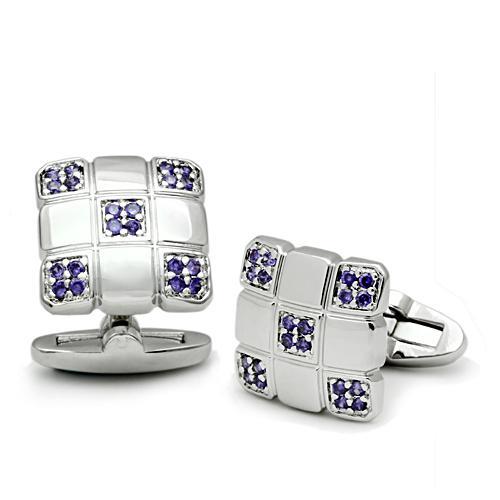 LO2296 - Rhodium Brass Cufflink with AAA Grade CZ  in Amethyst