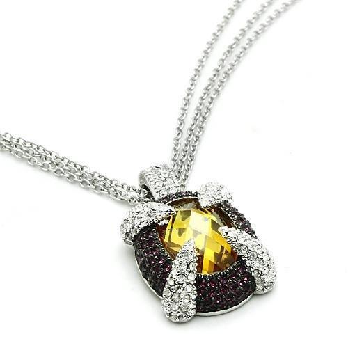 LO2641 - Rhodium+Hematite Brass Chain Pendant with AAA Grade CZ  in Topaz