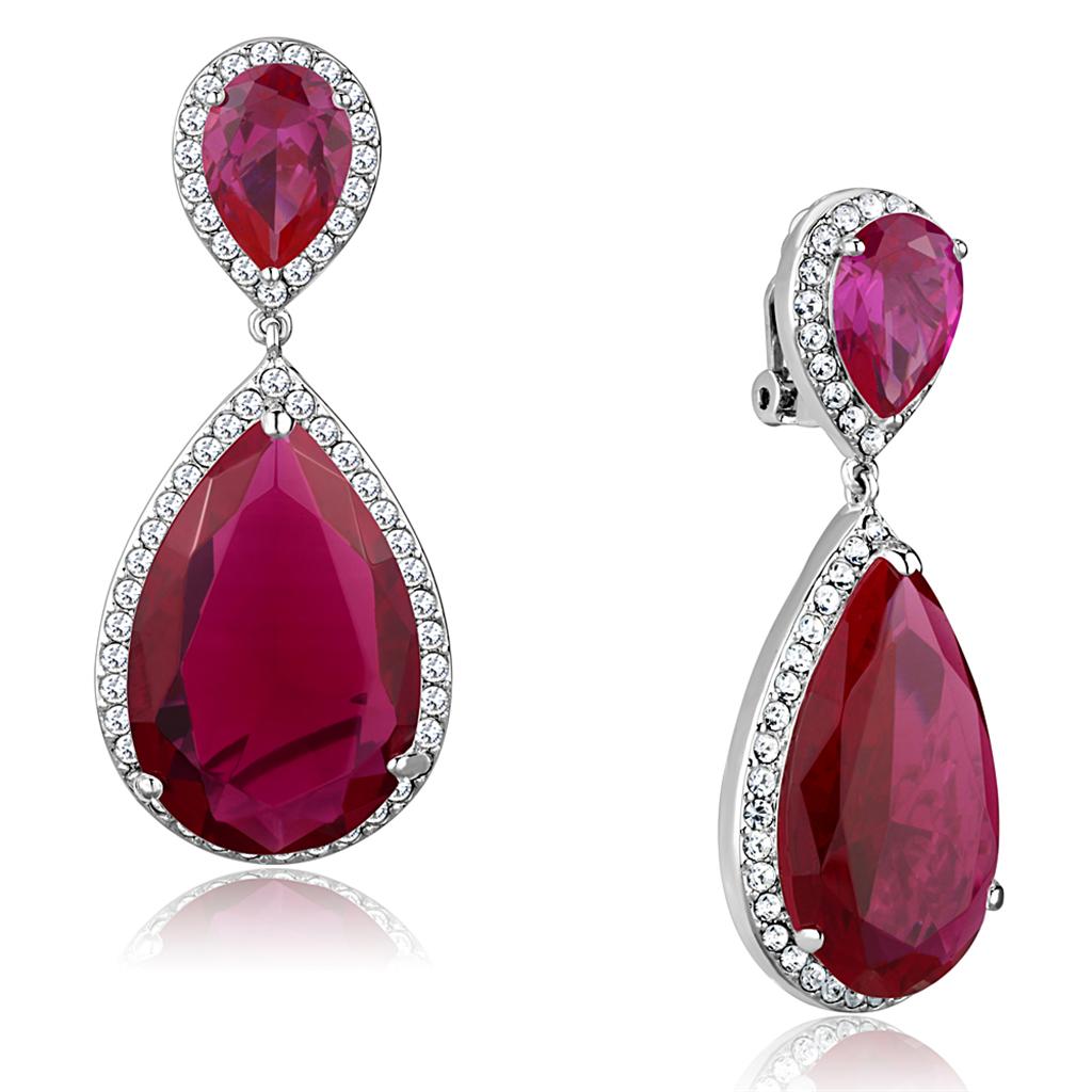 LO3296 - Rhodium Brass Earrings with AAA Grade CZ  in Ruby