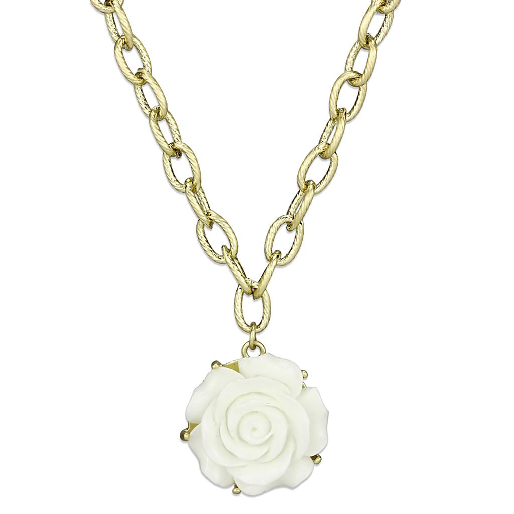 LO3661 - Gold & Brush Brass Necklace with Synthetic Synthetic Stone in White