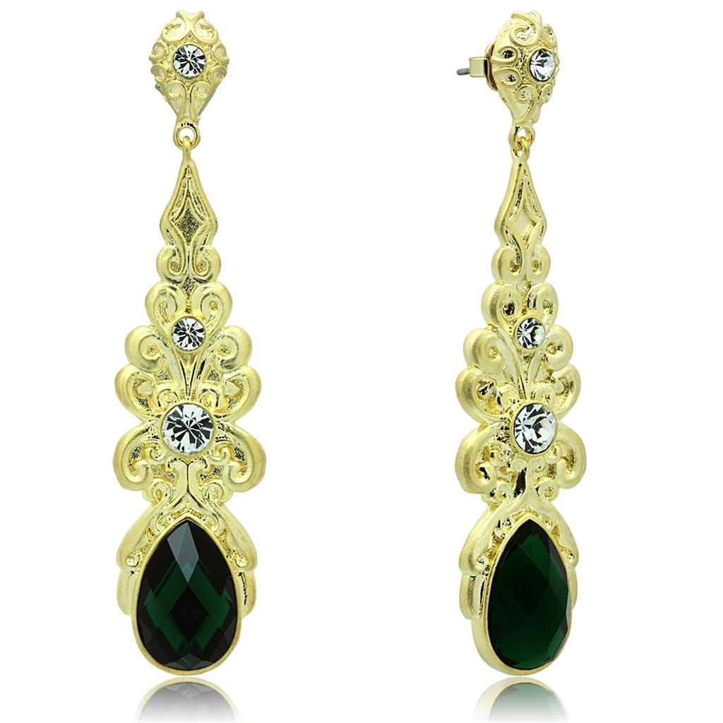 LO3669 - Gold & Brush Brass Earrings with Synthetic Synthetic Glass in Emerald