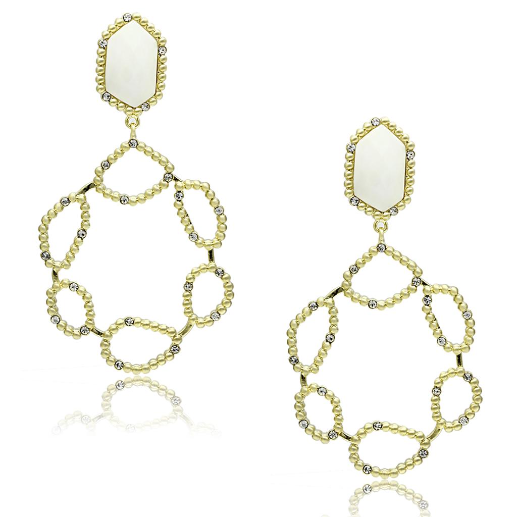 LO3693 - Gold & Brush Brass Earrings with Synthetic Synthetic Stone in White