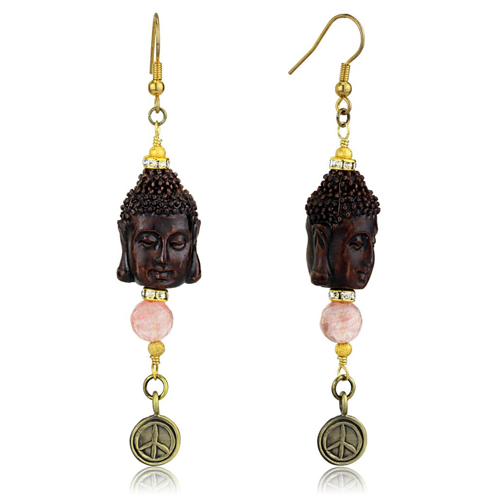 LO3808 - Antique Copper White Metal Earrings with Synthetic Glass Bead in Rose