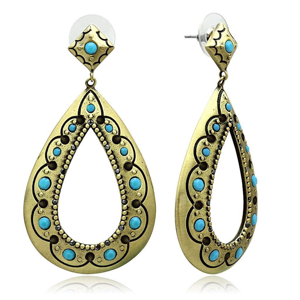 LO3850 - Antique Copper Brass Earrings with Top Grade Crystal  in Turquoise