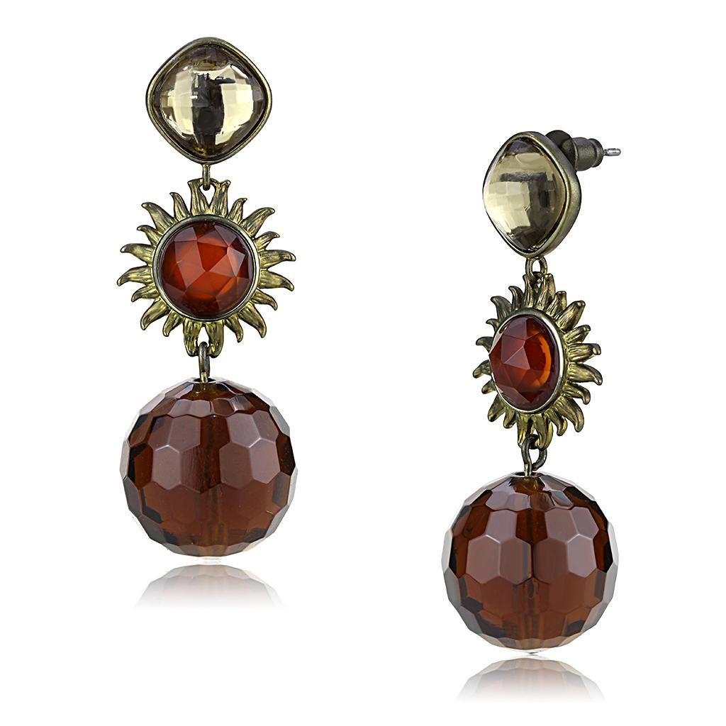 LO4179 - Antique Copper Brass Earrings with Synthetic Synthetic Glass in Brown