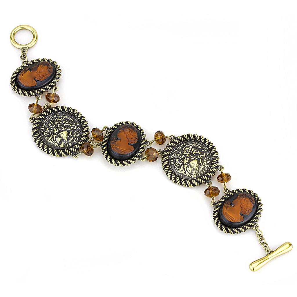 LO4221 - Antique Copper Brass Bracelet with Synthetic Synthetic Stone in Smoked Quartz