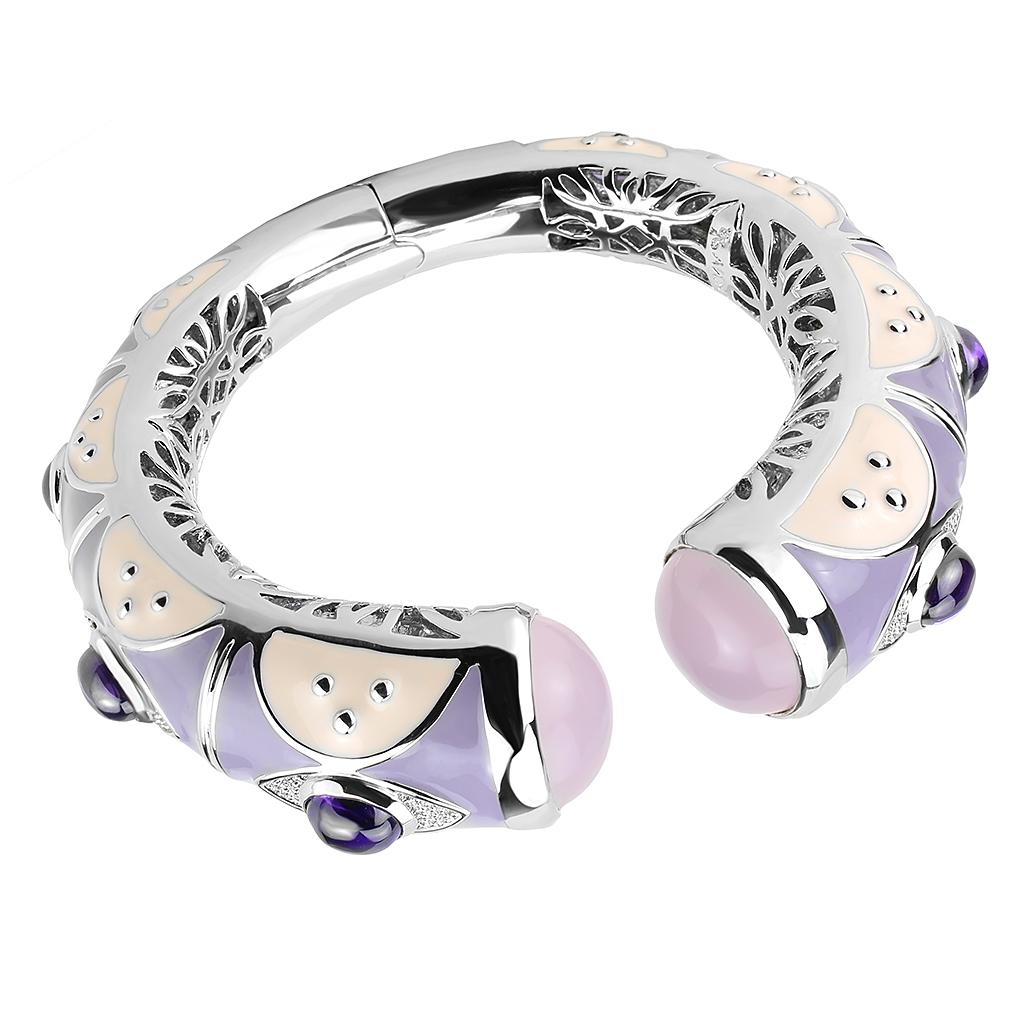 LO4268 - Rhodium Brass Bangle with Synthetic  in Rose