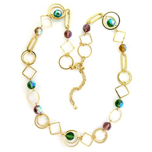 LO723 - Gold Brass Necklace with Synthetic Glass Bead in Multi Color