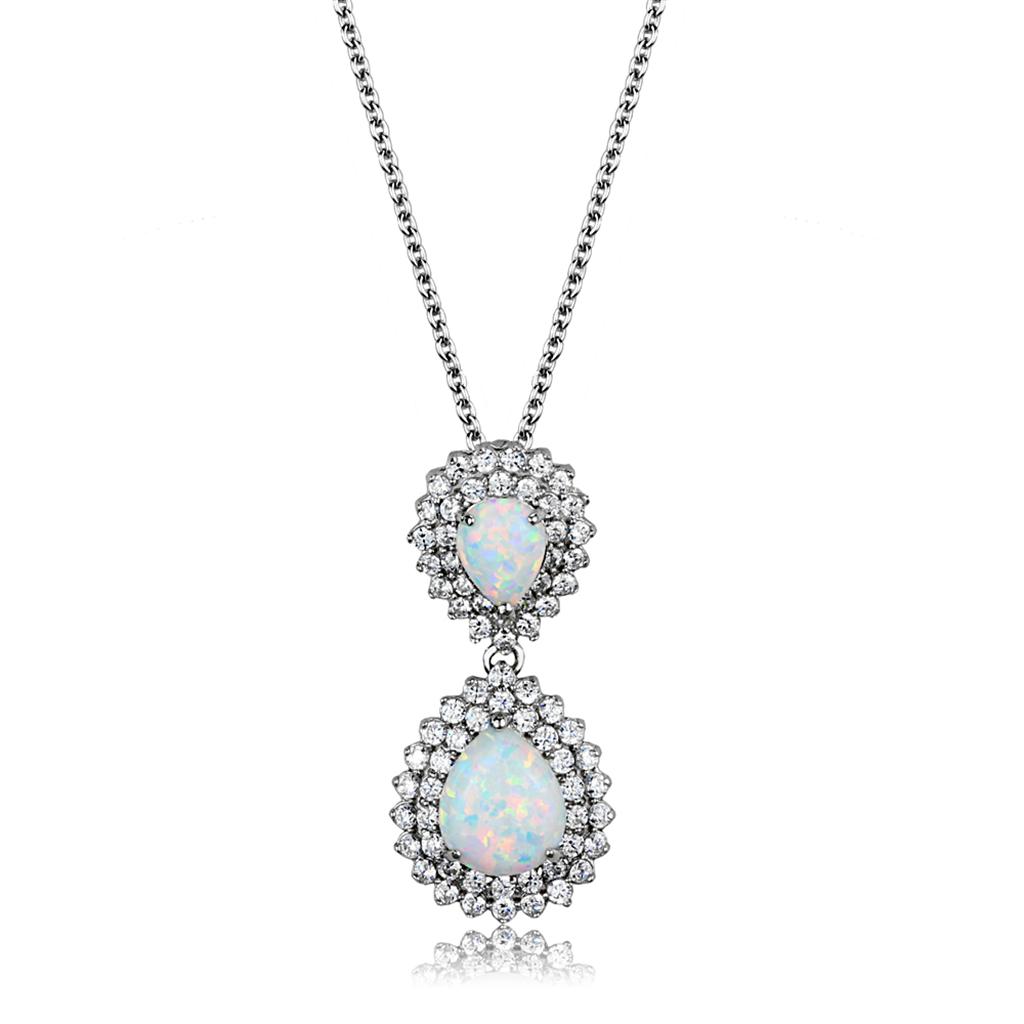 LOS878 Rhodium 925 Sterling Silver Chain Pendant with Semi-Precious in Aurora Borealis (Rainbow Effect)