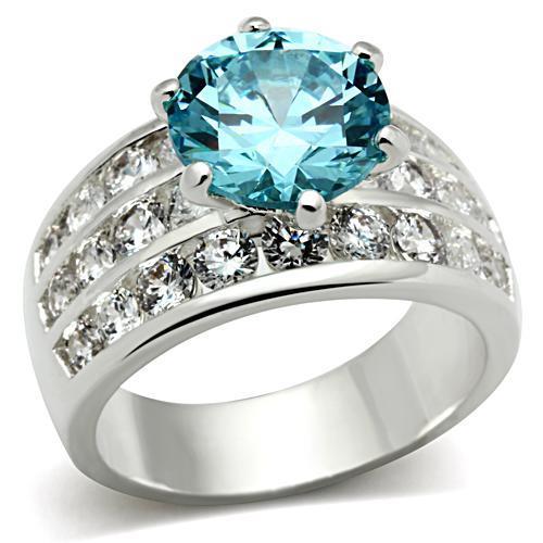 SS010 - Silver 925 Sterling Silver Ring with AAA Grade CZ  in Sea Blue