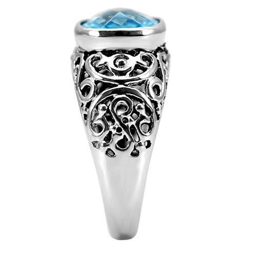 TK020 - High polished (no plating) Stainless Steel Ring with Synthetic Synthetic Glass in Sea Blue