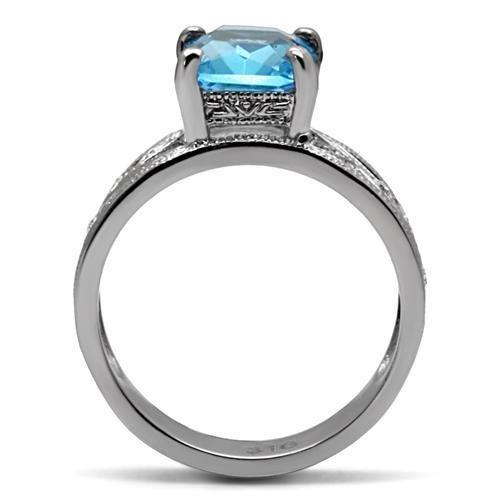 TK081 - High polished (no plating) Stainless Steel Ring with Synthetic Synthetic Glass in Sea Blue