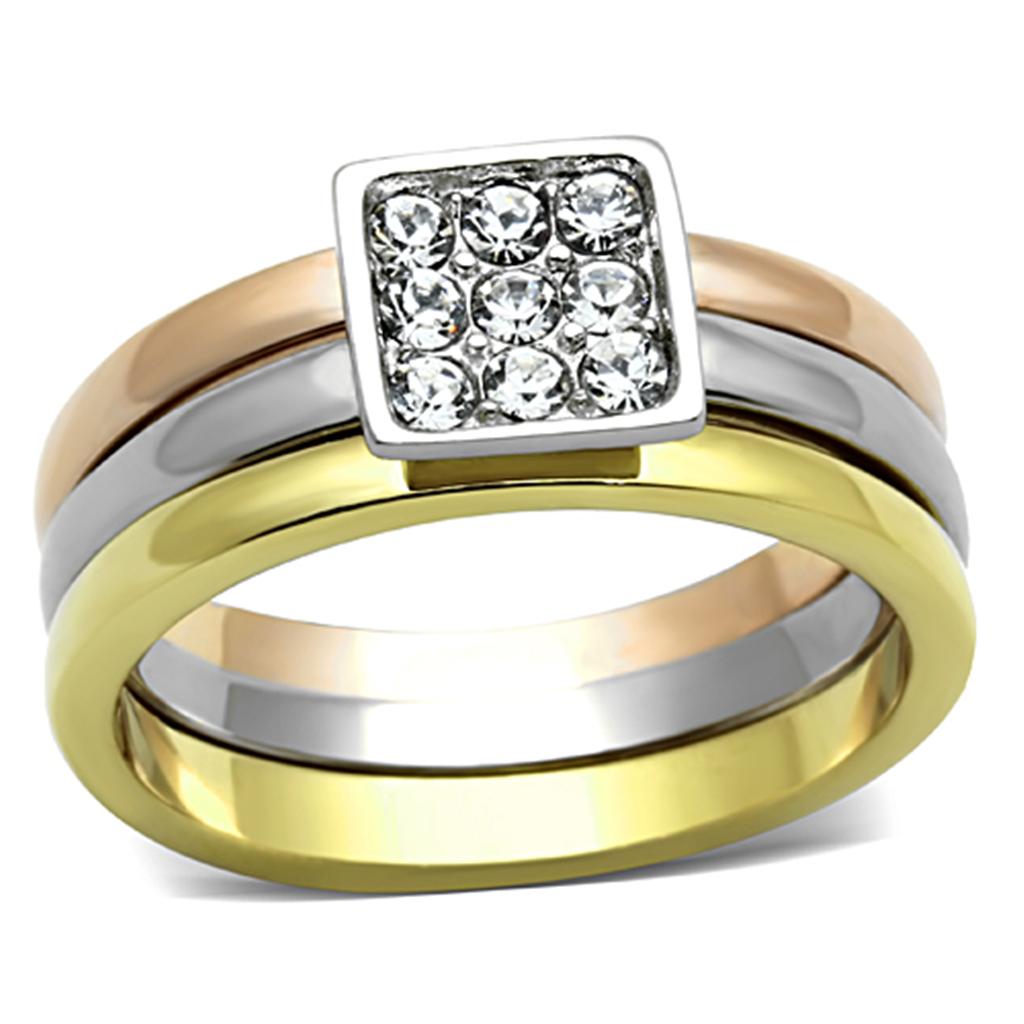 TK1277 - Three Tone IPï¼ˆIP Gold & IP Rose Gold & High Polished) Stainless Steel Ring with Top Grade Crystal  in Clear