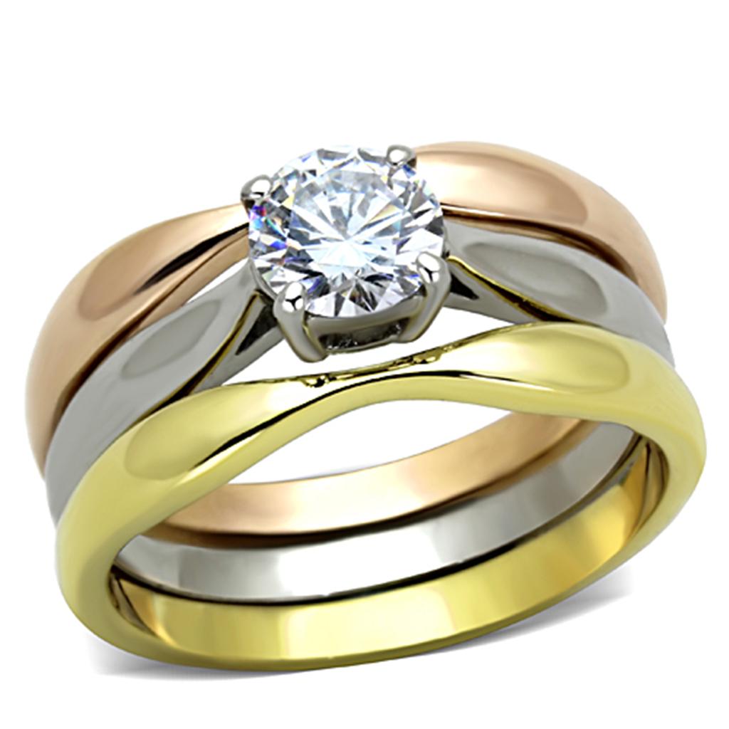 TK1278 - Three Tone IPÃ¯Â¼Ë†IP Gold & IP Rose Gold & High Polished) Stainless Steel Ring with AAA Grade CZ  in Clear