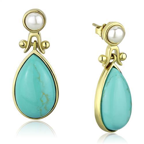 TK2151 - IP Gold(Ion Plating) Stainless Steel Earrings with Synthetic Turquoise in Turquoise