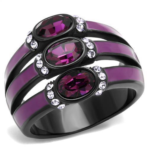 TK2213 - IP Black(Ion Plating) Stainless Steel Ring with Top Grade Crystal  in Amethyst